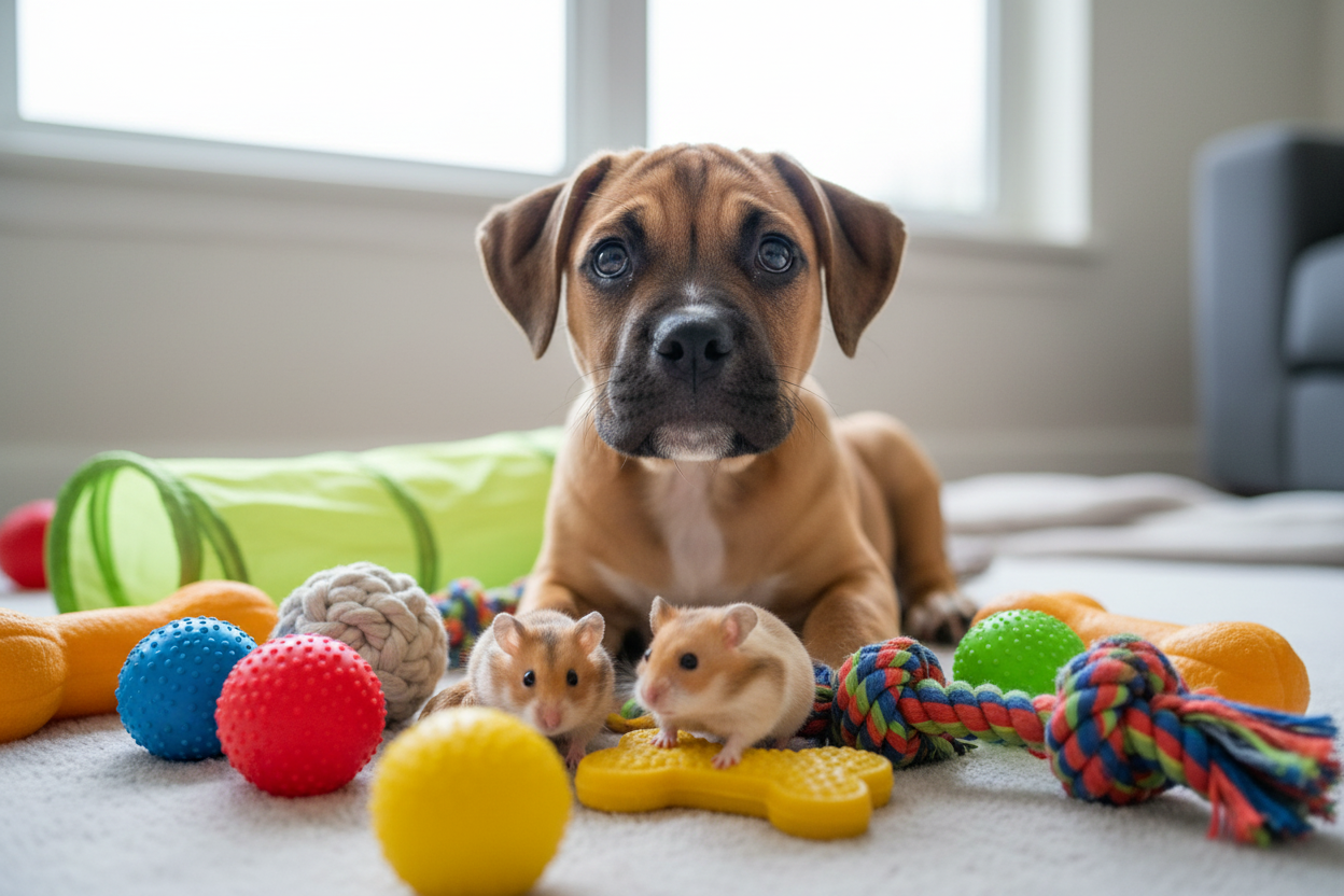 Adorable boxer with hamsters and toys