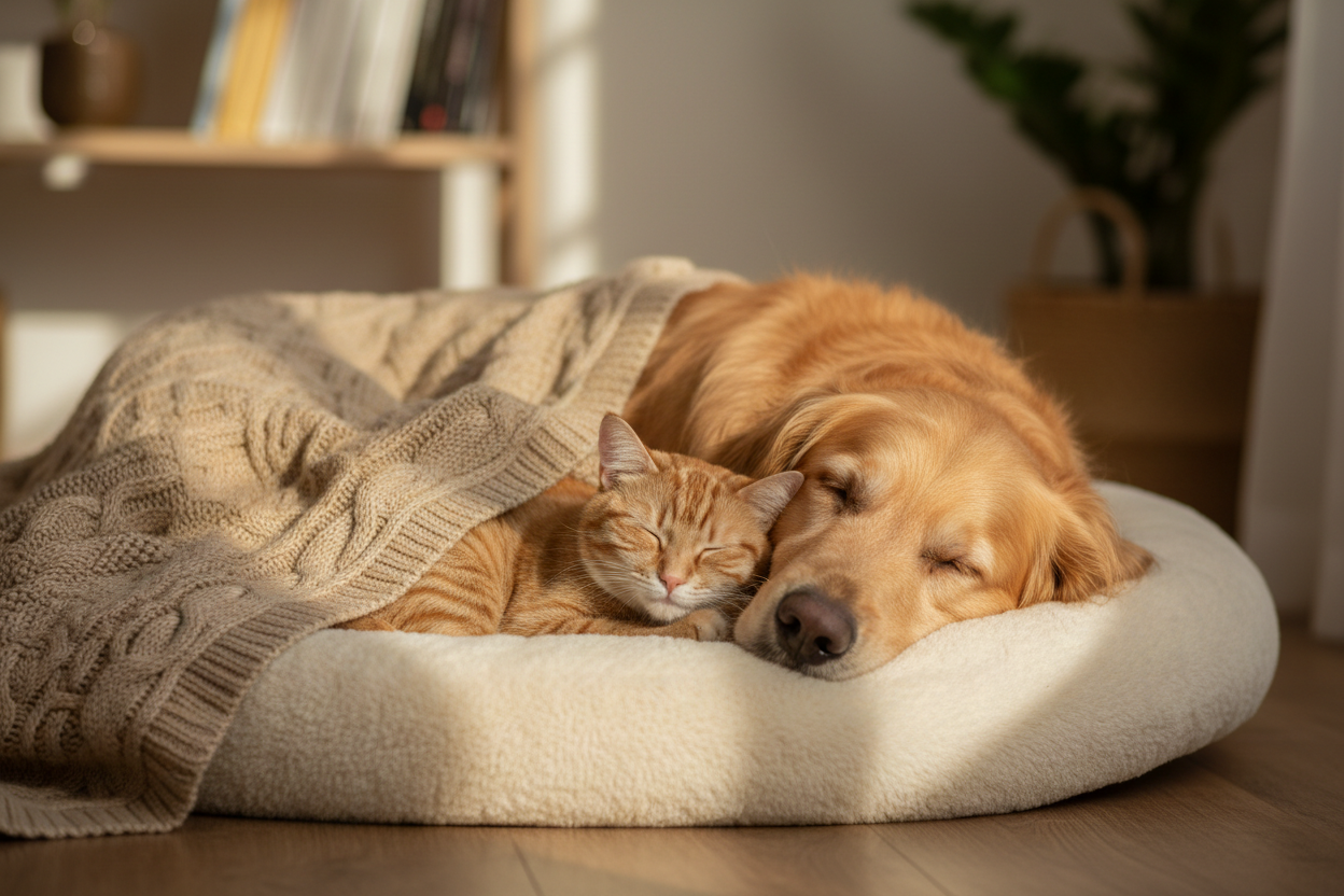 Golden retriever and cat on cozy bed